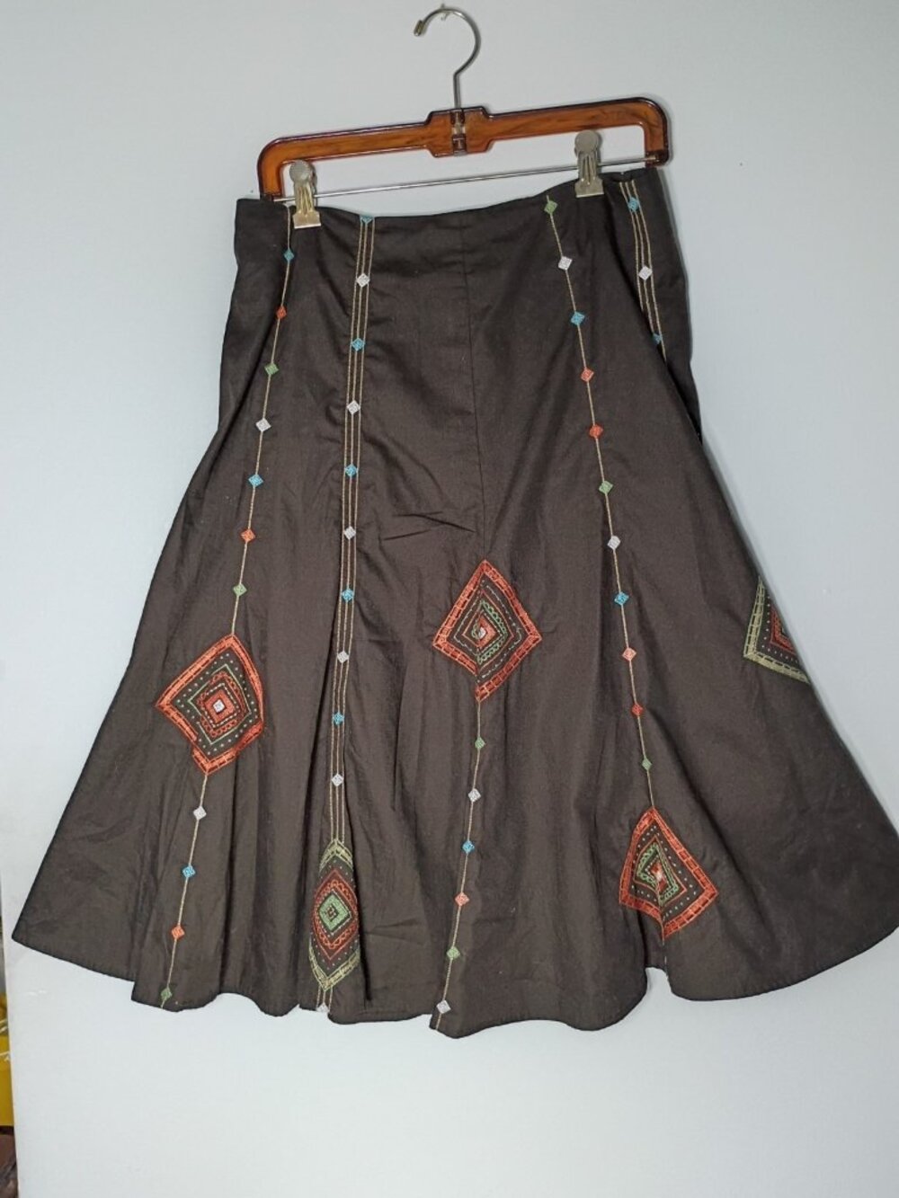 Tailor B Moss Embroidered Flare Cotton Skirt 6 Brown Boho Artsy Office